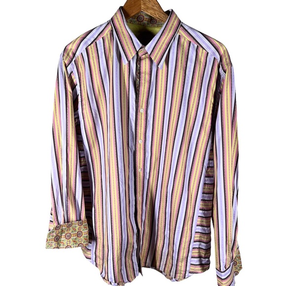 Robert Graham Mens Sz XL Striped Long Sleeve Shirt Contrast Cuffs Multicolor - Picture 6 of 15